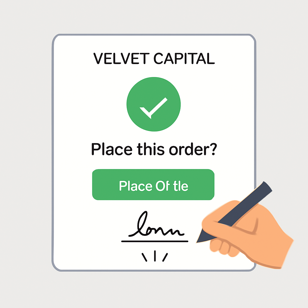confirmation popup Velvet Capital, Place Order button green, signature prompt, success animation