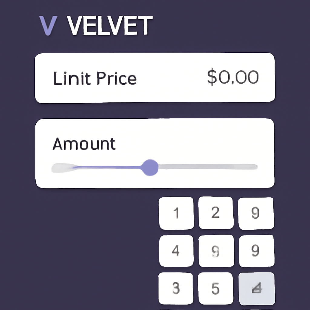 limit price input field and amount slider on Velvet dashboard, numeric keypad visible, professional UI
