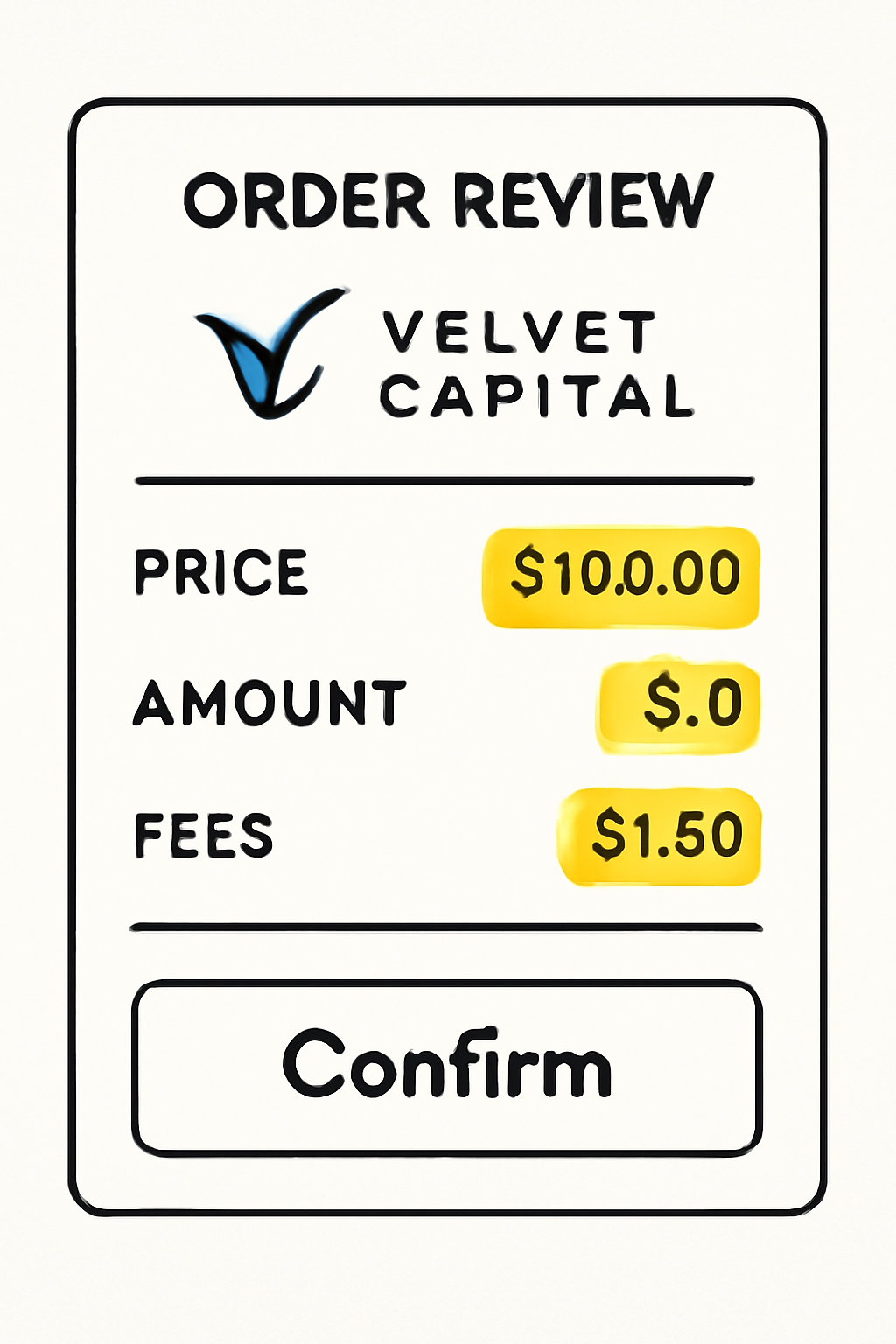 order review summary screen Velvet Capital, key details highlighted: price, amount, fees