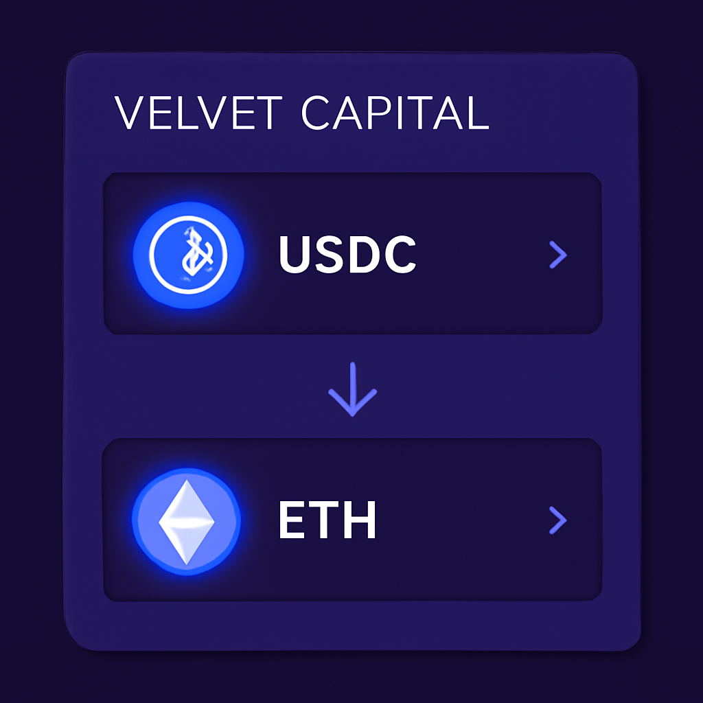 asset selection dropdowns on Velvet Capital, USDC to ETH swap example, token icons glowing