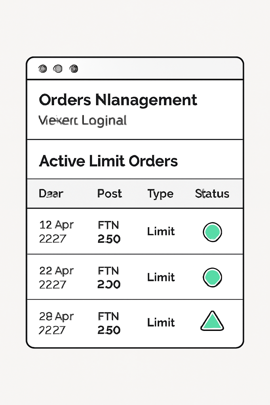orders management panel Velvet Capital, active limit orders list, status icons, responsive design