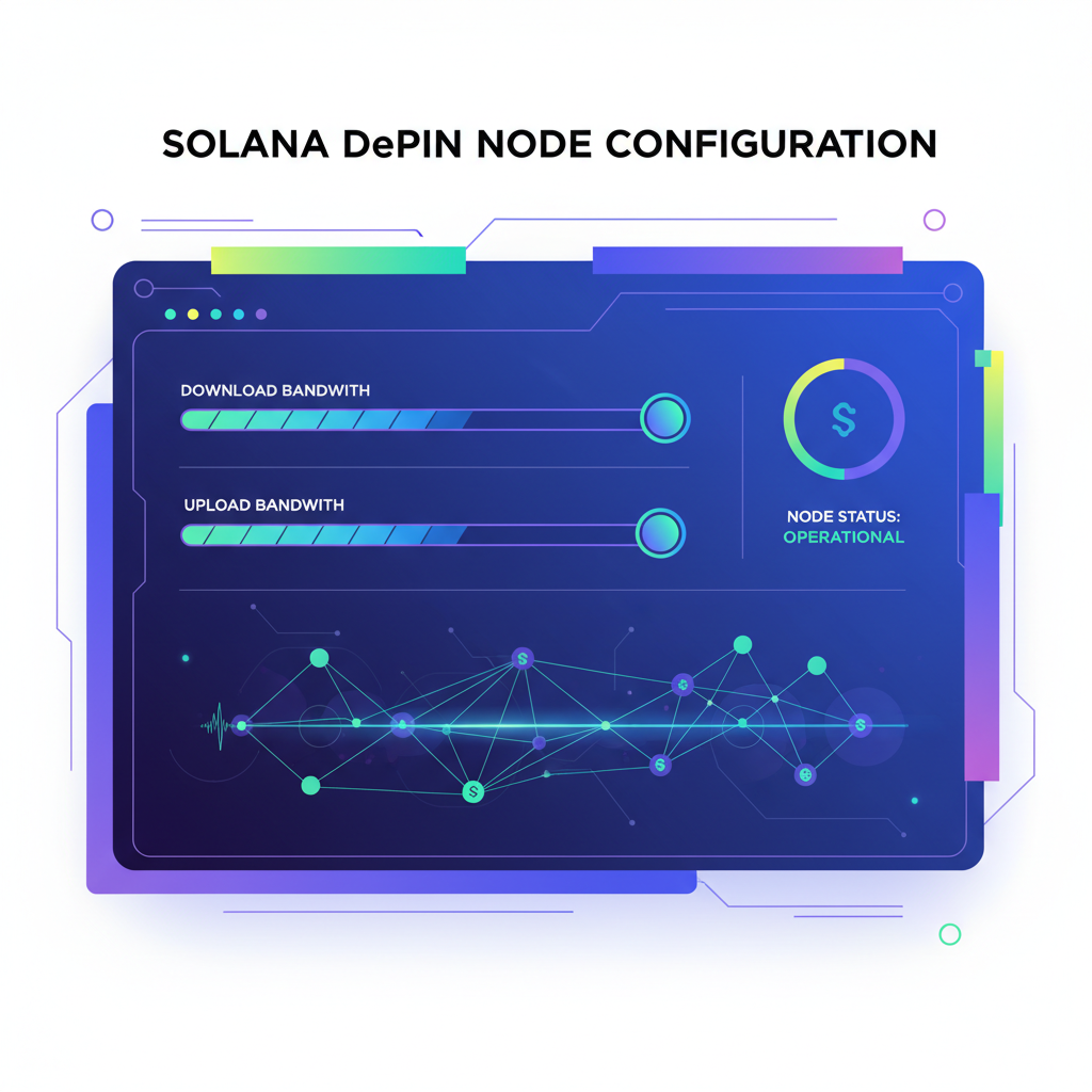 dashboard configuring bandwidth sliders network graph Solana DePIN node vibrant tech style