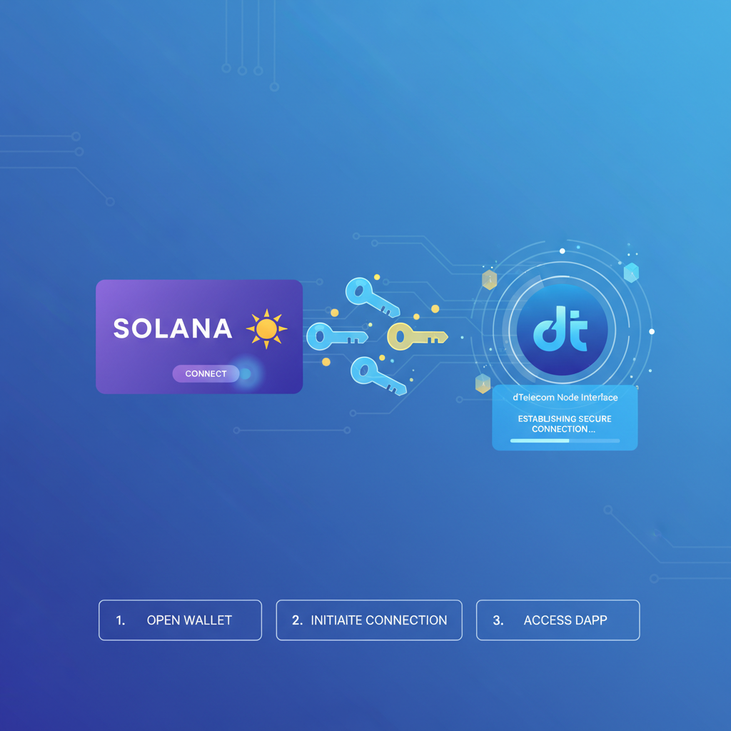 Solana wallet connecting to dTelecom node interface glowing crypto keys holographic
