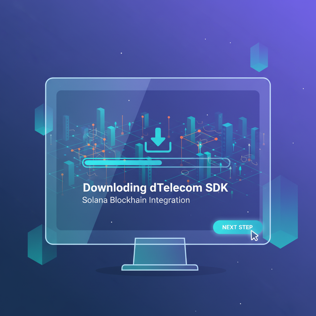 sleek computer screen downloading dTelecom SDK software futuristic Solana blockchain theme