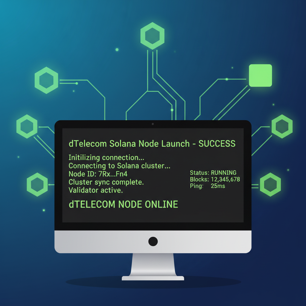 terminal launching dTelecom Solana node green success code blockchain nodes connecting