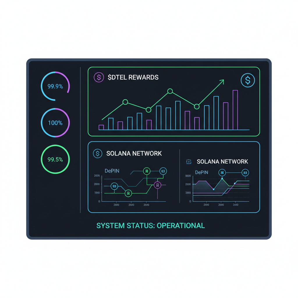 monitoring dashboard uptime charts $DTEL rewards Solana DePIN graphs energetic neon