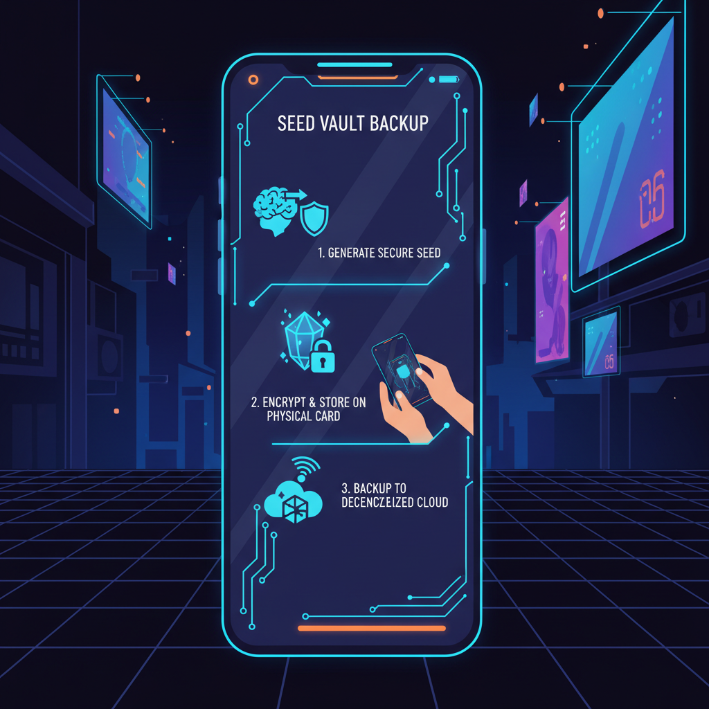 futuristic solana saga phone screen showing seed vault backup process, cyberpunk style