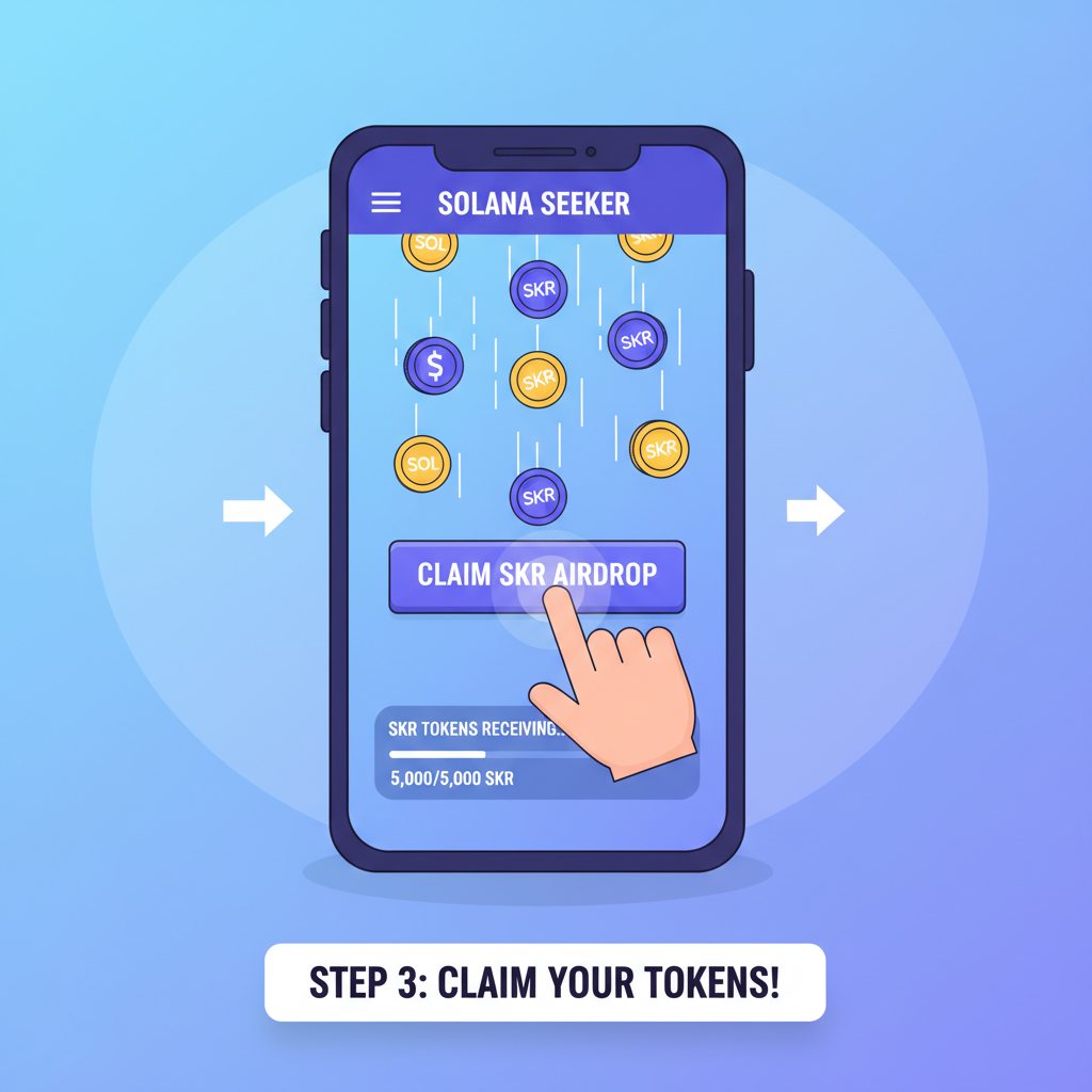 solana seeker app claiming skr airdrop, tokens raining down animated