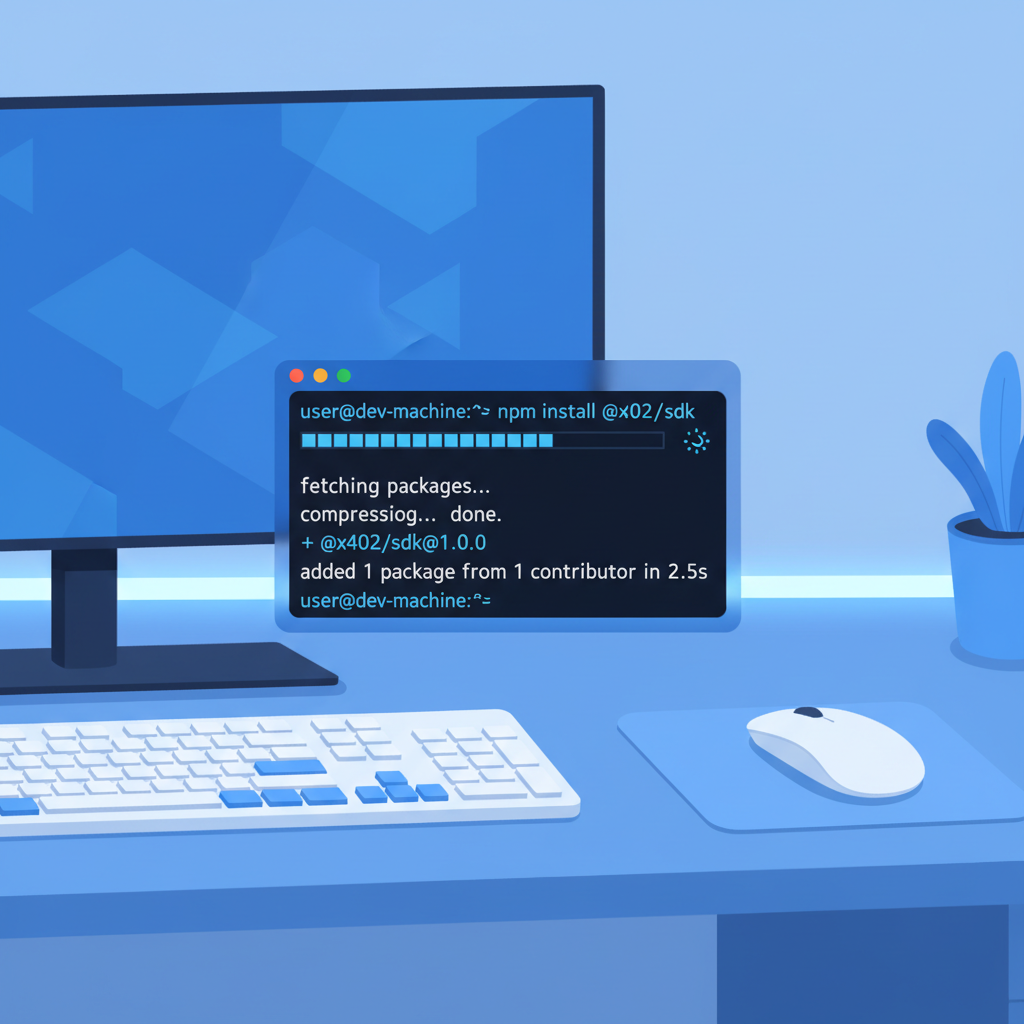 clean code terminal installing npm package x402 SDK, modern developer setup, blue tones