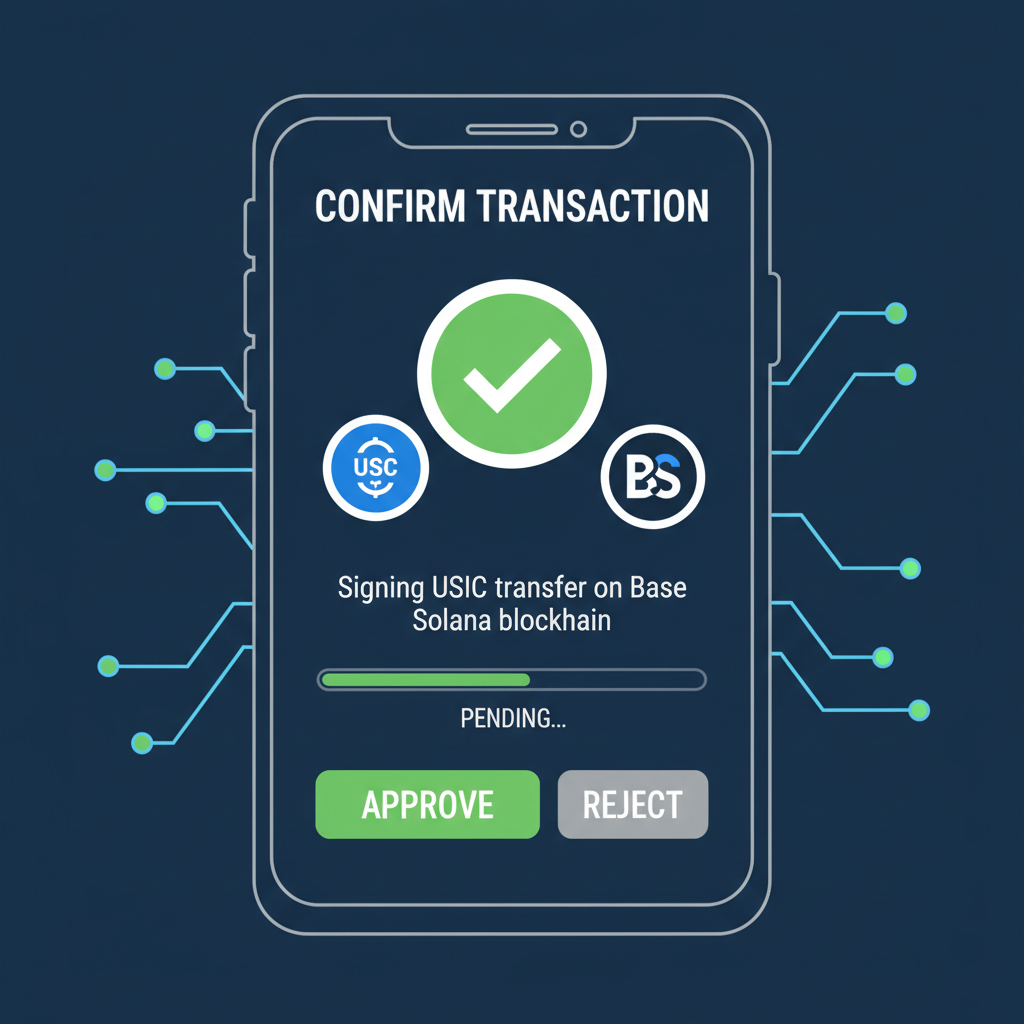 wallet signing USDC transaction on blockchain Base Solana icons, green check