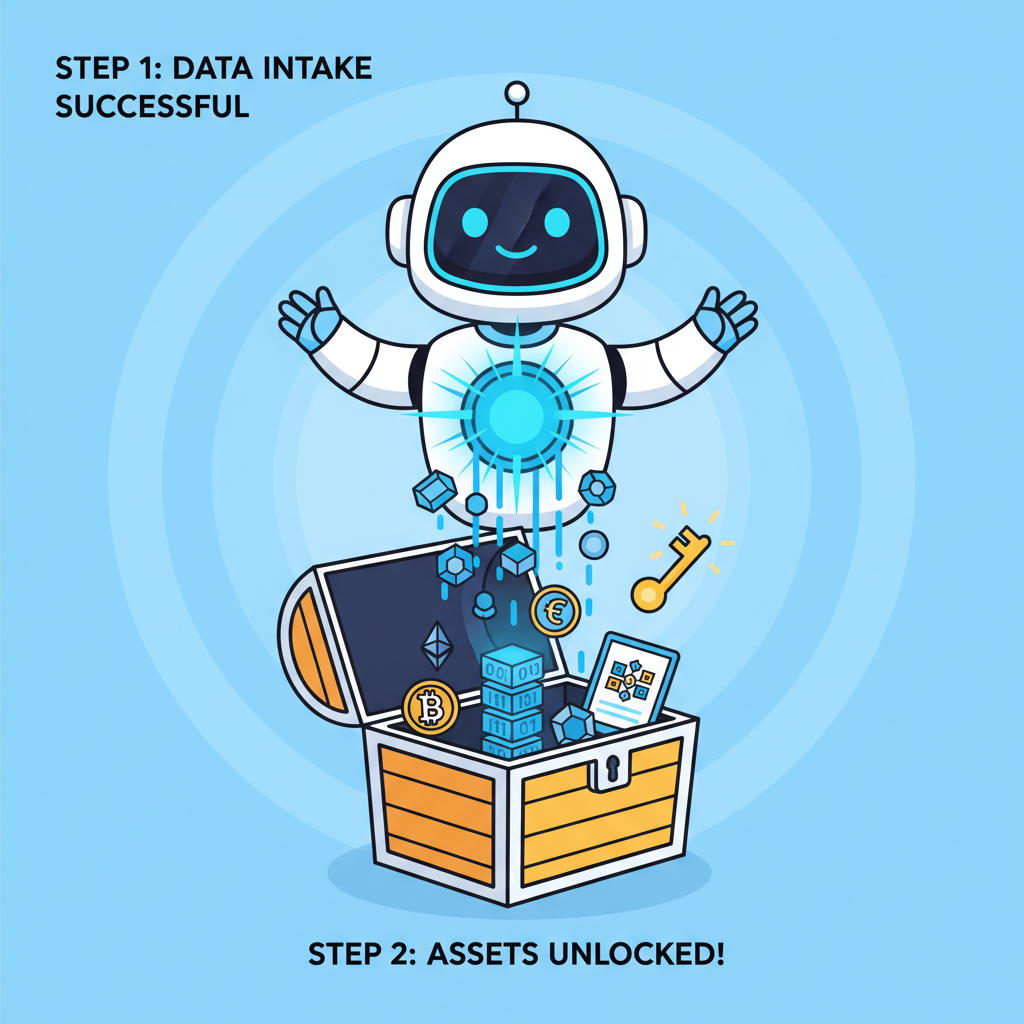 AI agent receiving data stream success, unlocked treasure chest digital assets
