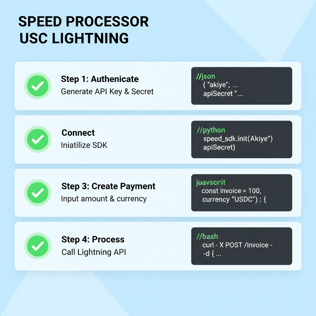 Clean API integration dashboard for Speed processor USDC Lightning, code snippets, green success indicators