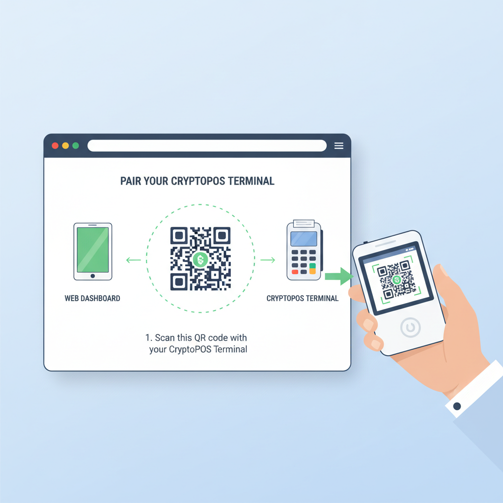 Web dashboard pairing CryptoPOS terminal via QR code scan, modern interface, device icons