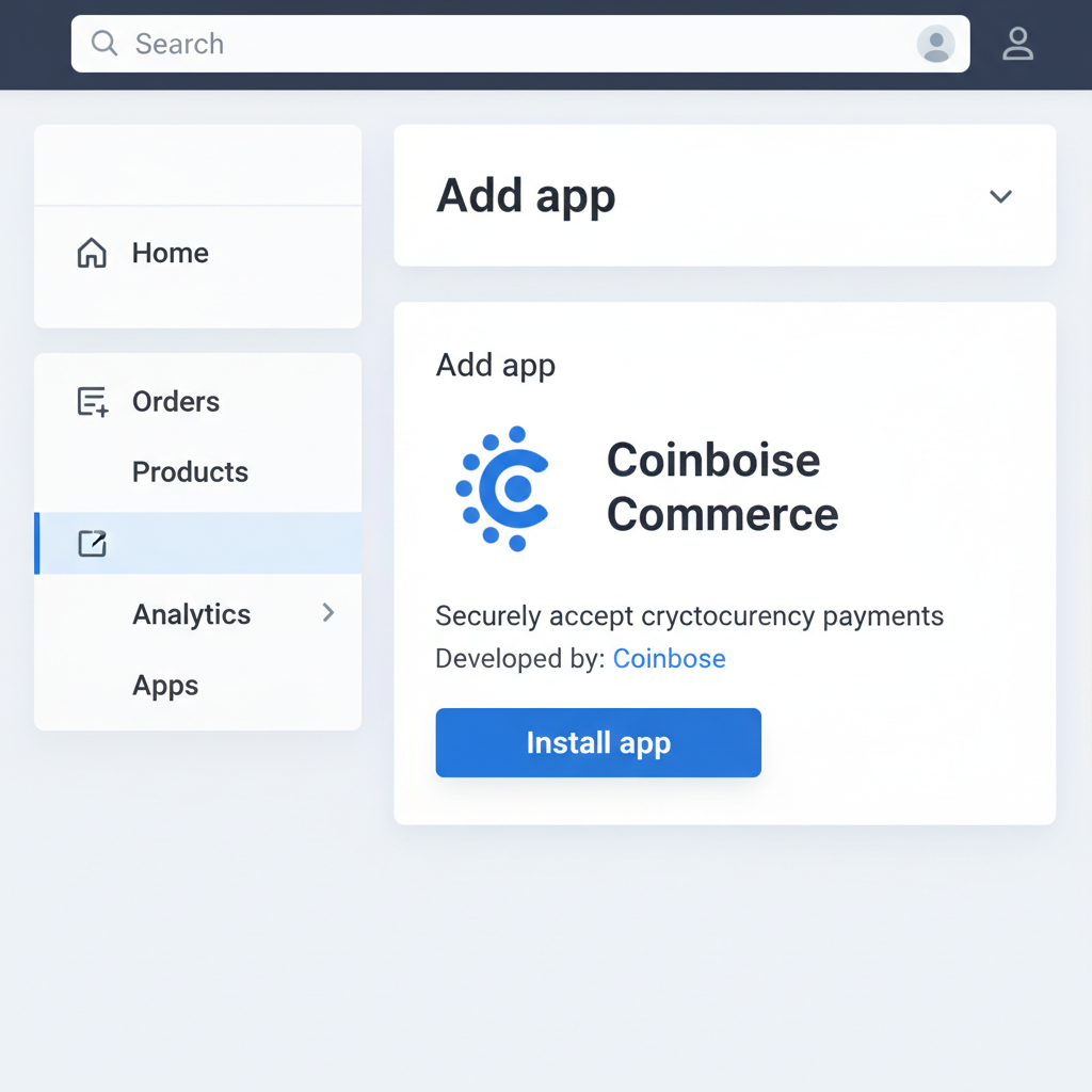 Shopify admin dashboard installing Coinbase Commerce app, clean modern UI, blue tones