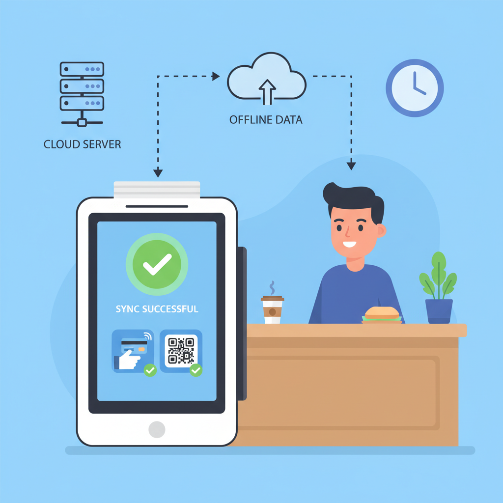 POS terminal NFC tap or QR scan testing offline sync, merchant counter scene, success checkmark