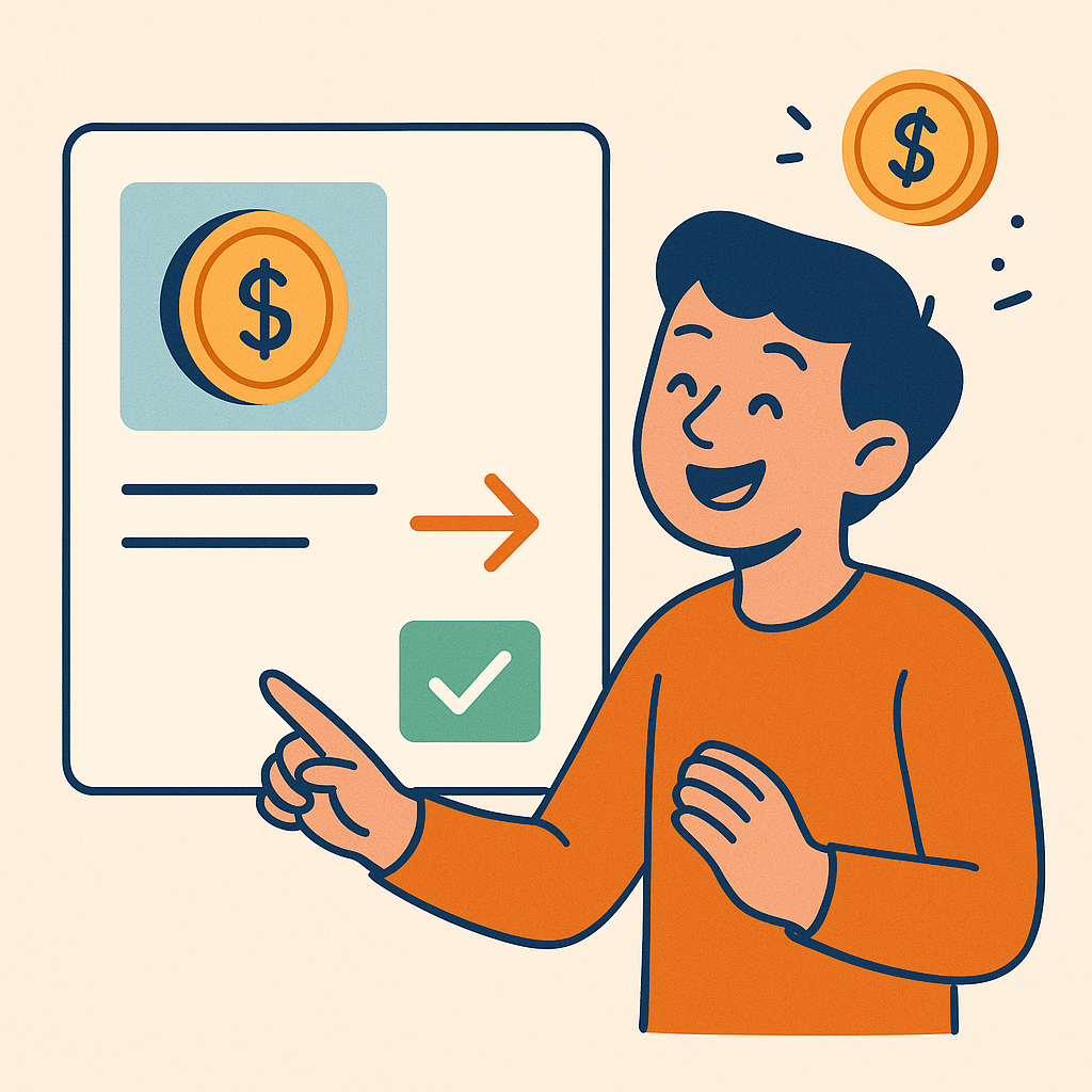 A person happily interacting with a digital interface, smooth transaction flow, no visible wallets or keys, positive energy
