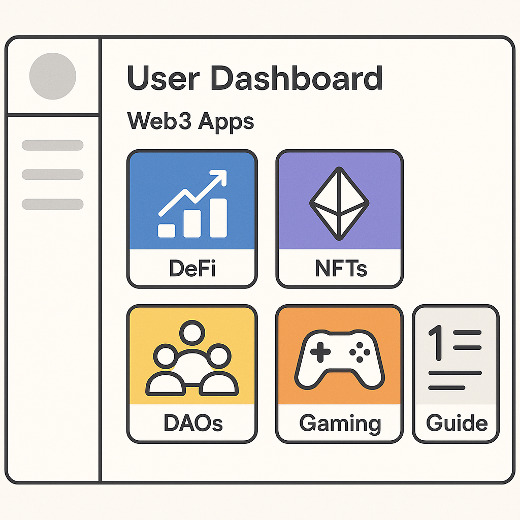 A user dashboard showing various Web3 apps, no wallet icons, seamless and intuitive design