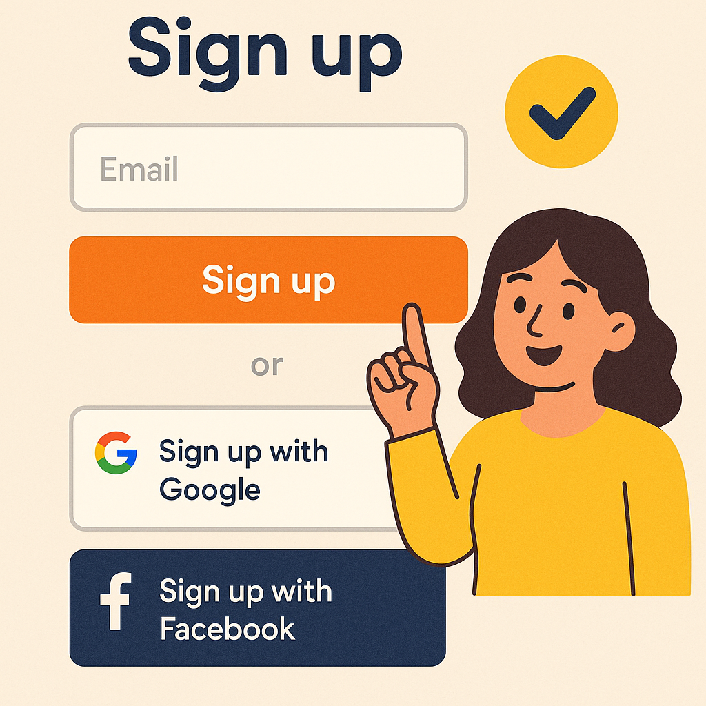A simple signup form with email and social login buttons, approachable interface, cheerful vibe