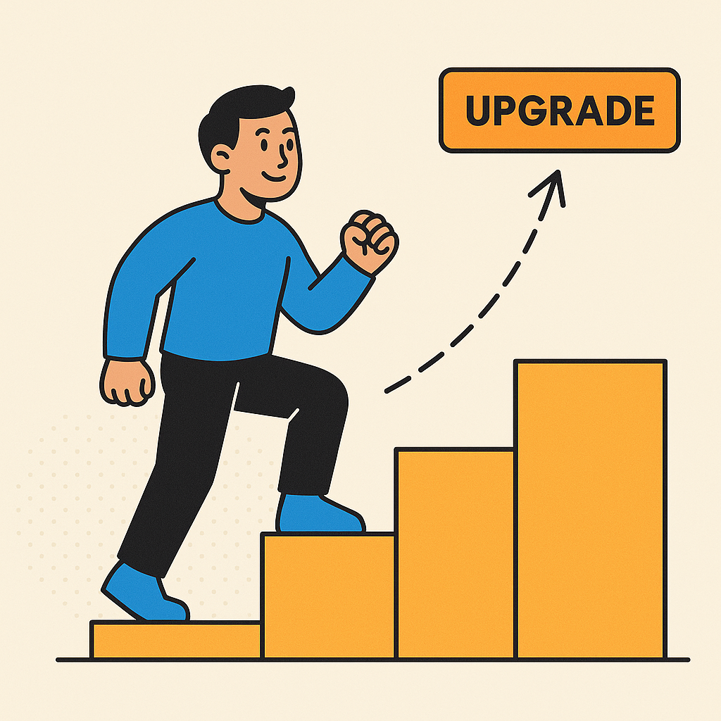A user choosing to upgrade, with a clear path from simple to advanced, feeling empowered and confident