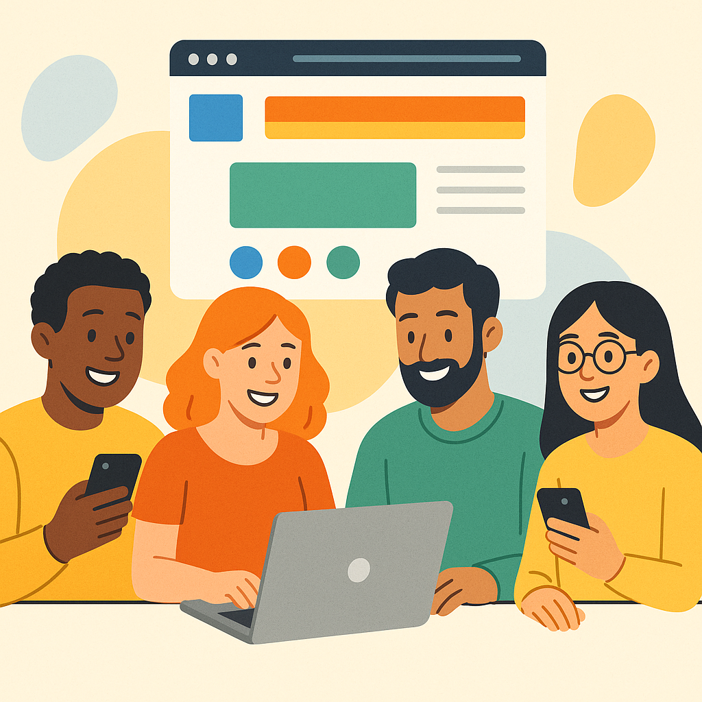 A friendly, diverse group of people looking at a modern website on their laptops and phones, bright colors, welcoming atmosphere