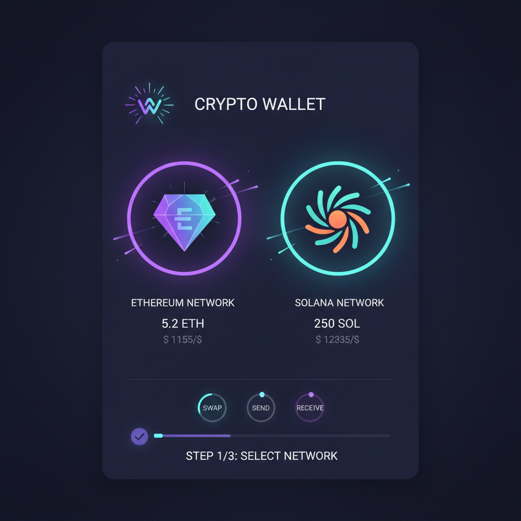sleek futuristic crypto wallet app interface displaying Ethereum and Solana networks with glowing icons