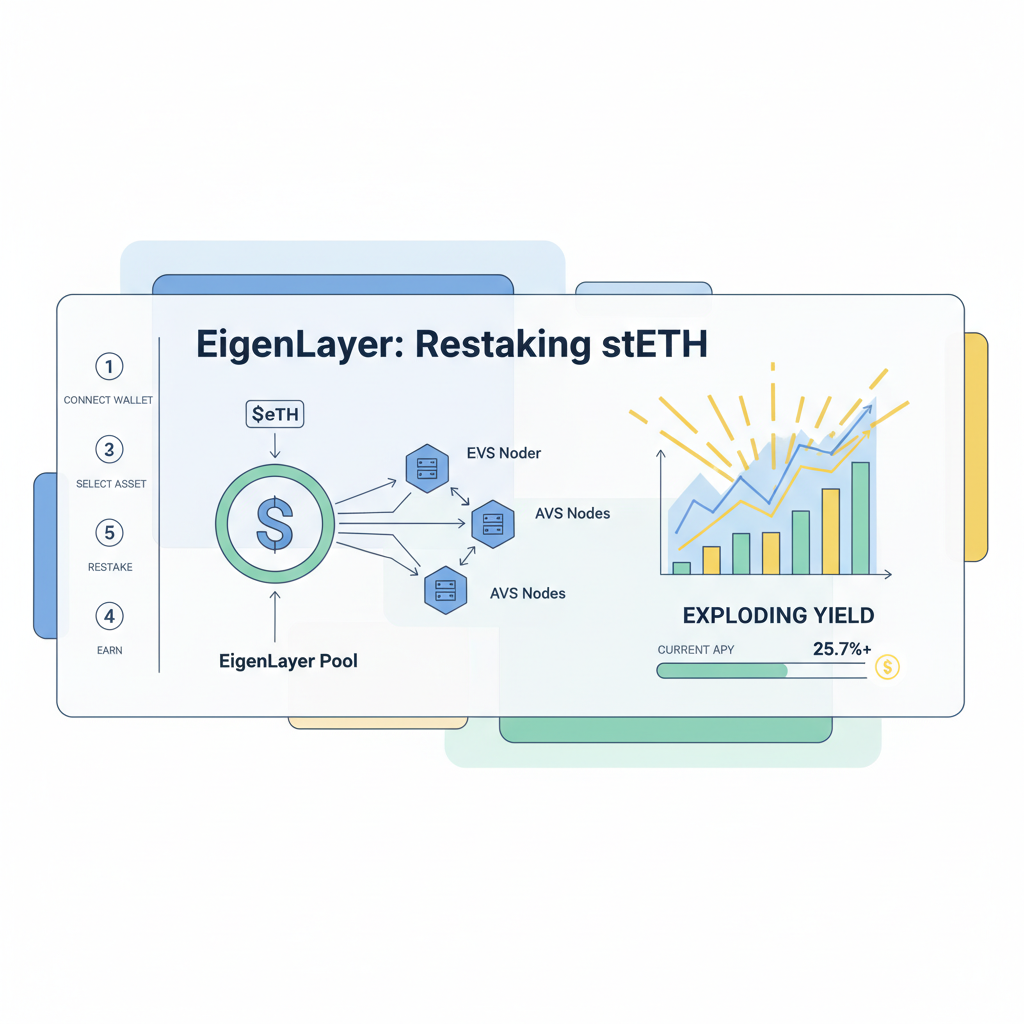 dynamic EigenLayer dashboard showing stETH restaking with exploding yield charts and AVS nodes
