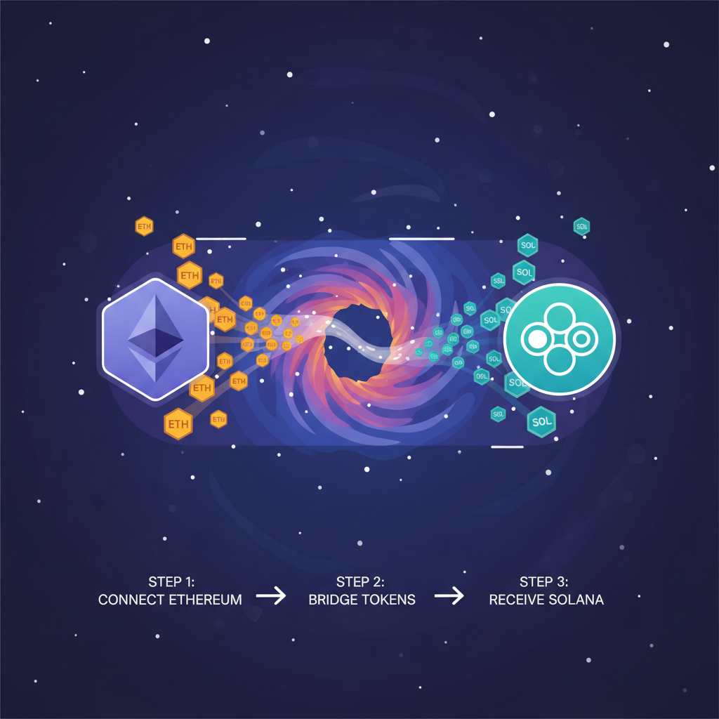 cosmic Wormhole bridge portal transferring glowing tokens from Ethereum to Solana blockchain