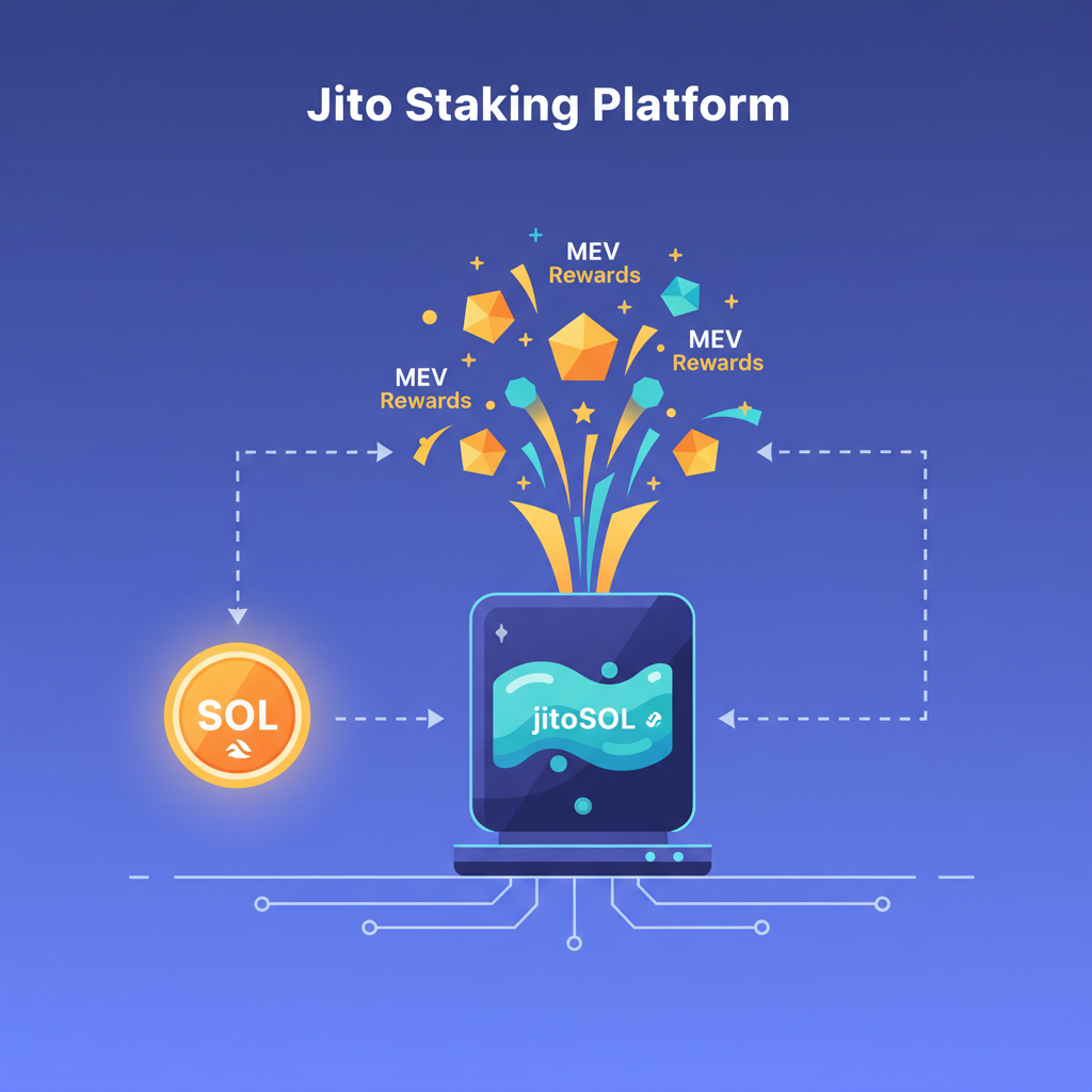 Jito staking platform with SOL morphing into jitoSOL, MEV rewards bursting like fireworks on Solana
