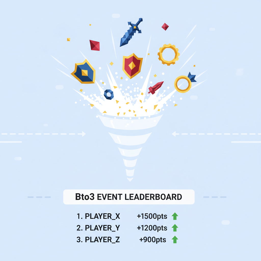Chain of elite high-level items merging rapidly, points exploding upwards, Bto3 event leaderboard