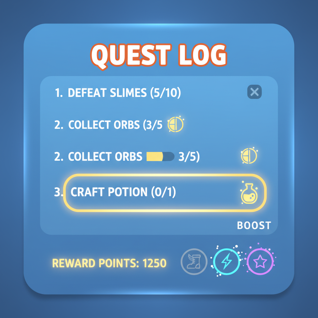 Game screen left panel with task list, reward points glowing, boost icons activating