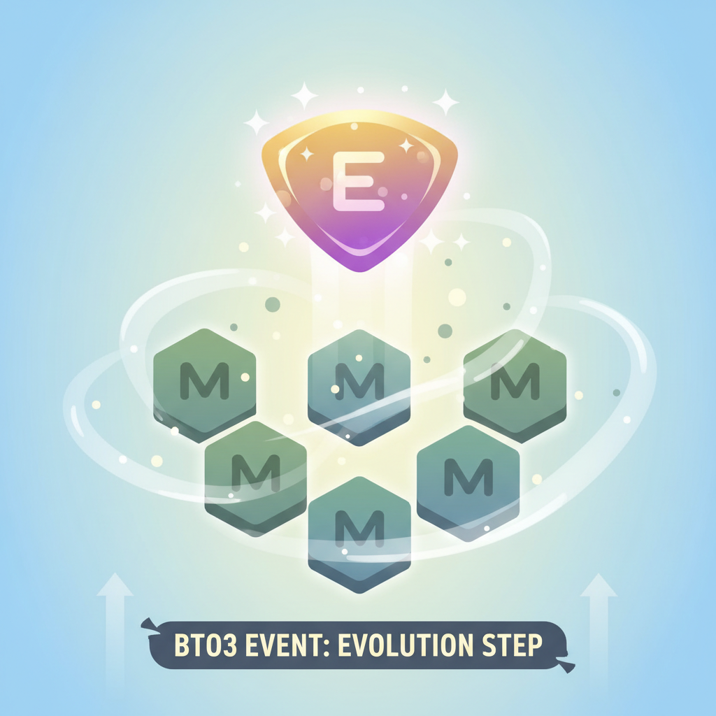 Five identical mid-tier puzzle items merging into higher level, sparkling effects, Bto3 event style