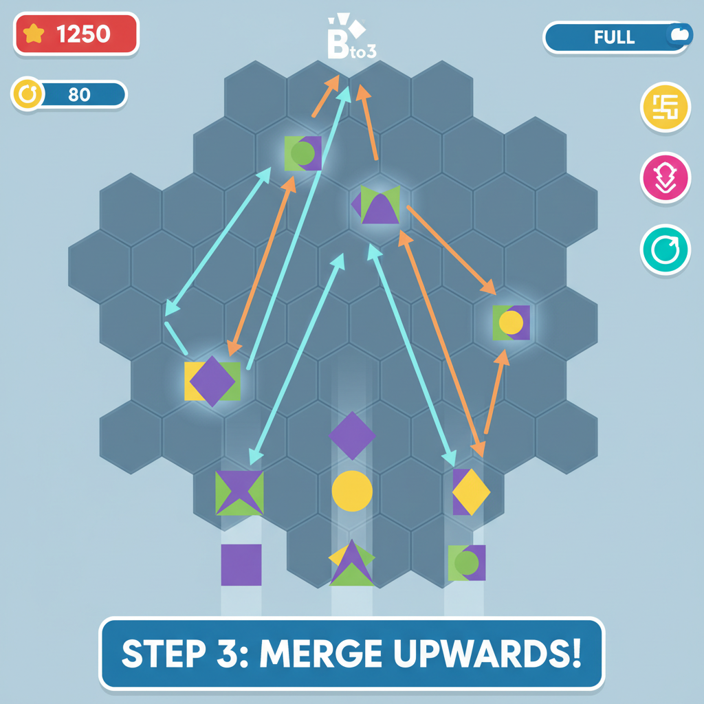 Bto3 merge puzzle board with glowing upgrade paths highlighted, puzzle pieces merging upwards, vibrant game UI