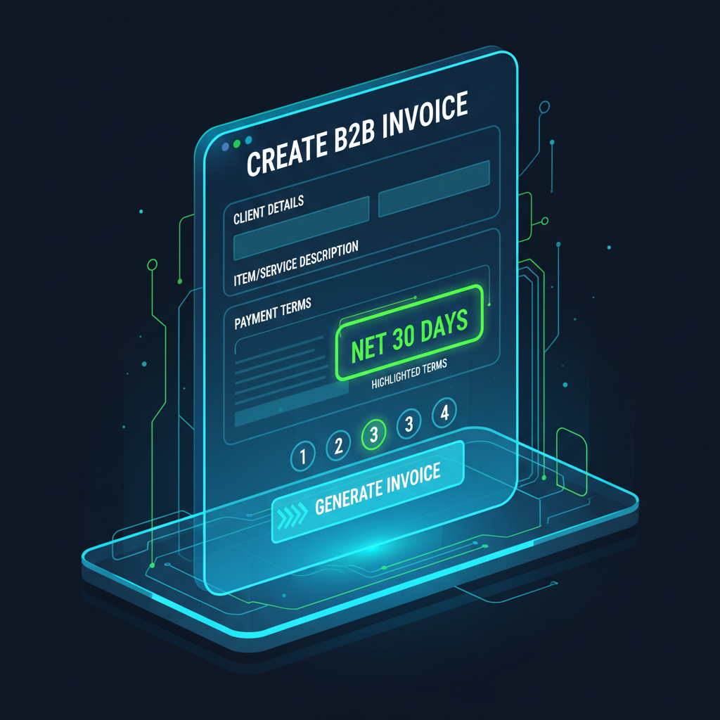 vibrant digital invoice creation screen on futuristic platform, B2B invoicing interface with net terms highlighted, energetic neon blues and greens, professional yet bold