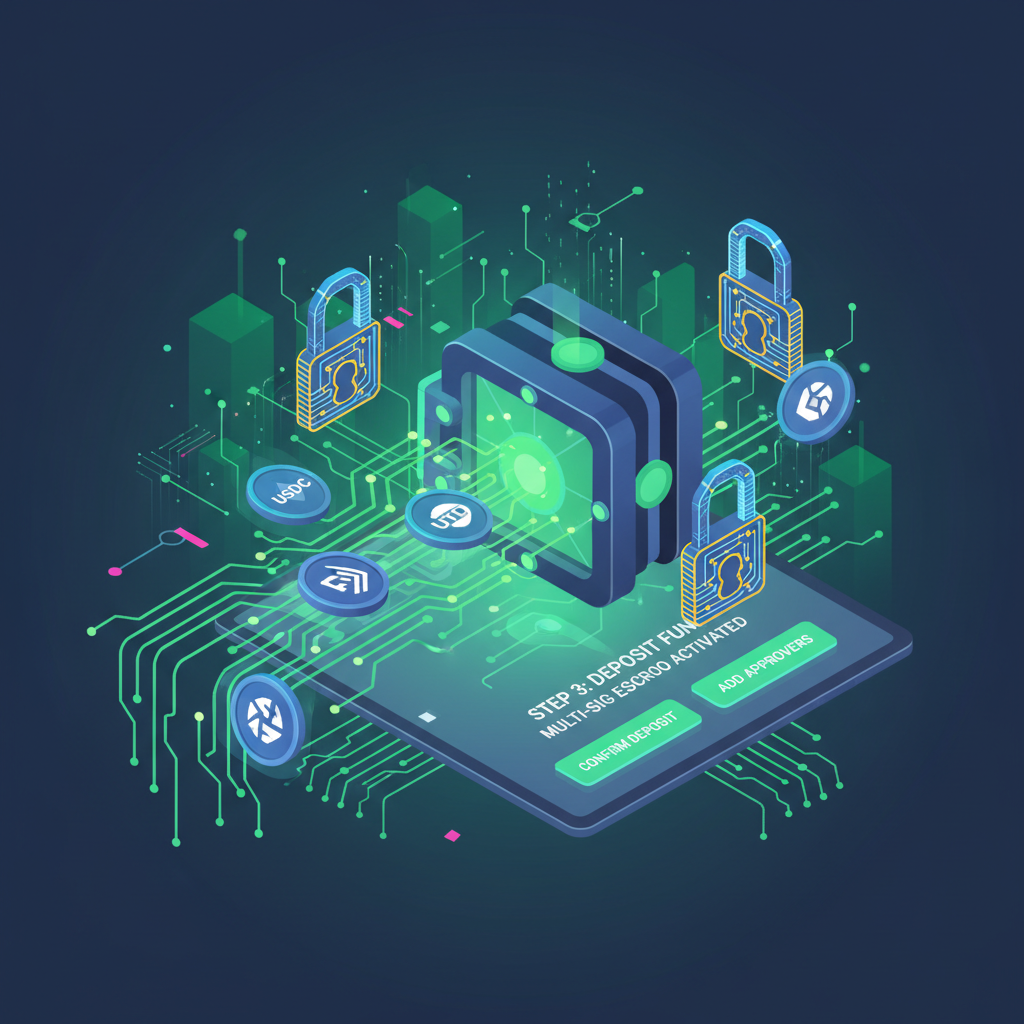 dynamic scene of depositing USDC USDT coins into glowing multi-sig escrow vault, secure blockchain locks, bold green energy flows, high-tech B2B payment interface
