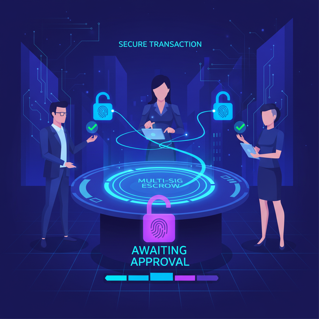 business professionals adding digital signatures to multi-sig escrow, secure approval interface with keys and locks, energetic collaboration vibe, cyberpunk style blues