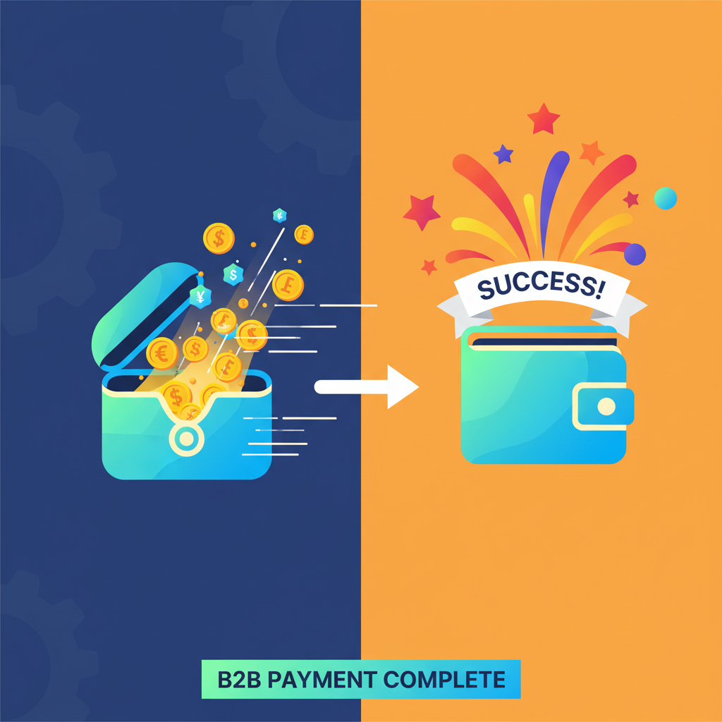 explosive instant fund release from escrow, coins flying to recipient wallet, speed lines and success fireworks, vibrant B2B payment completion screen