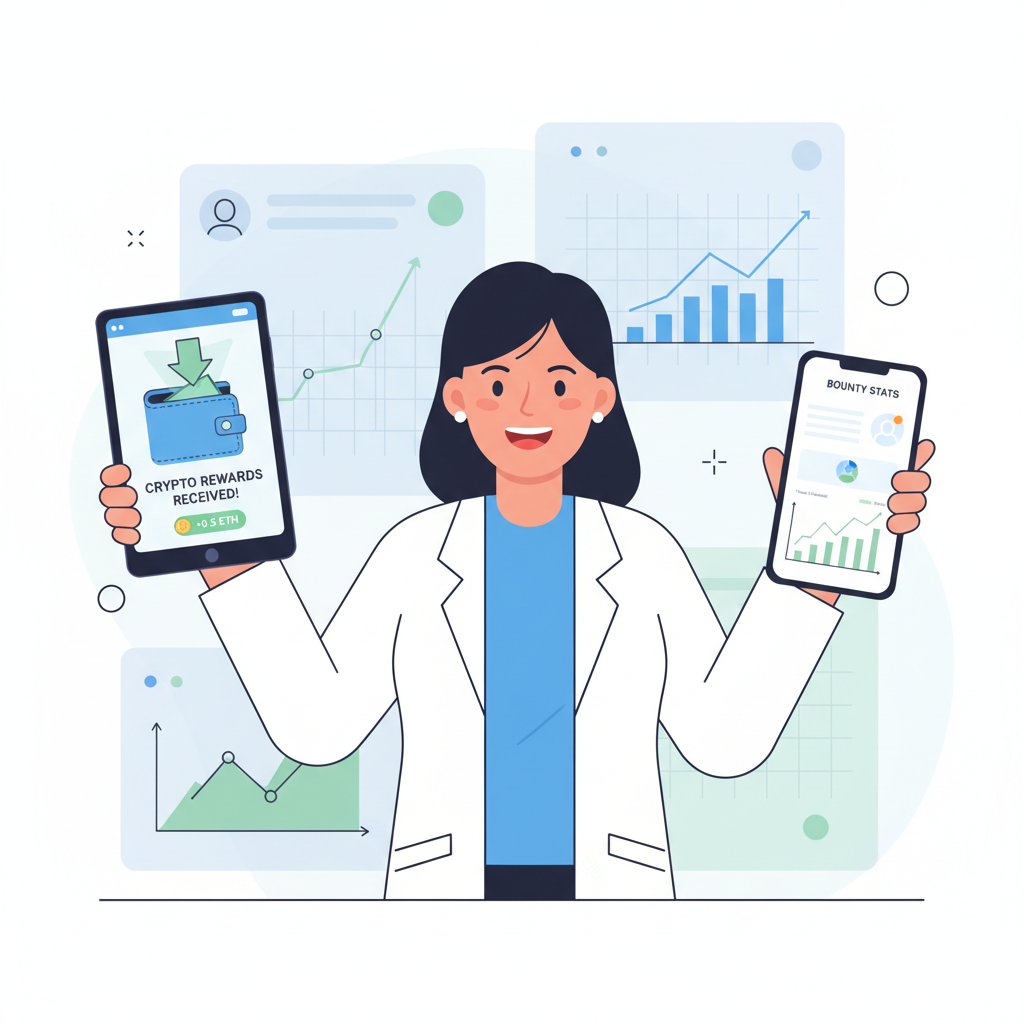 wallet receiving crypto rewards, charts showing bounty stats, triumphant researcher, modern finance UI
