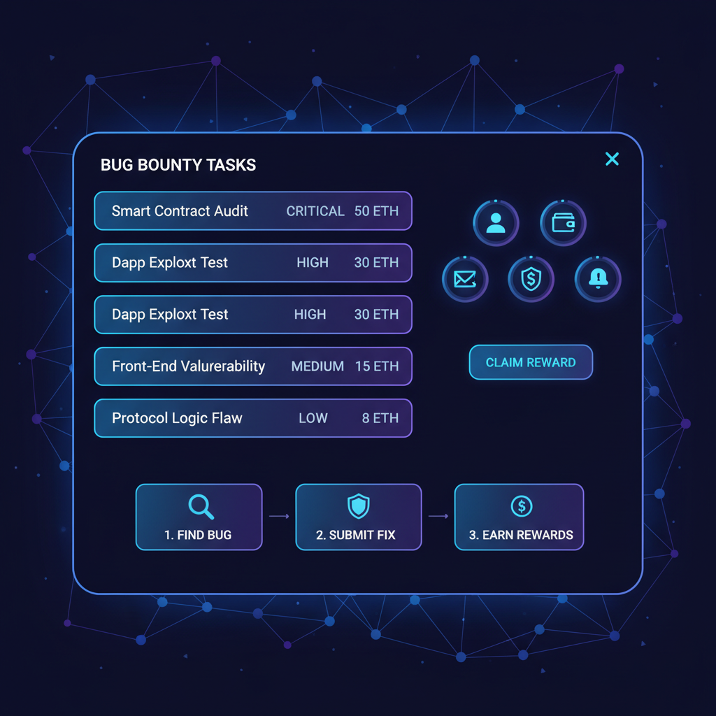 sleek web3 dashboard showing bug bounty tasks list, futuristic UI, neon blues and purples, holographic elements