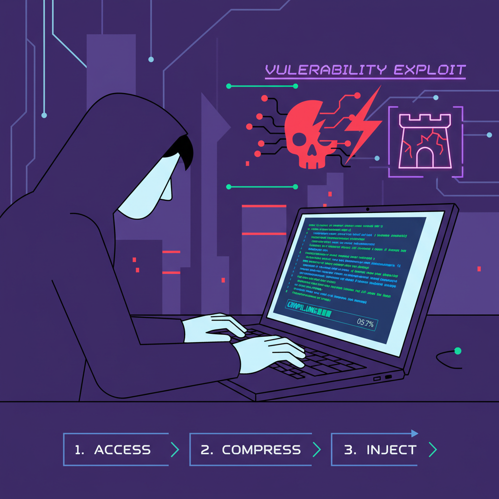 hacker typing furiously on laptop, code compiling, vulnerability exploit visualization, cyberpunk aesthetic