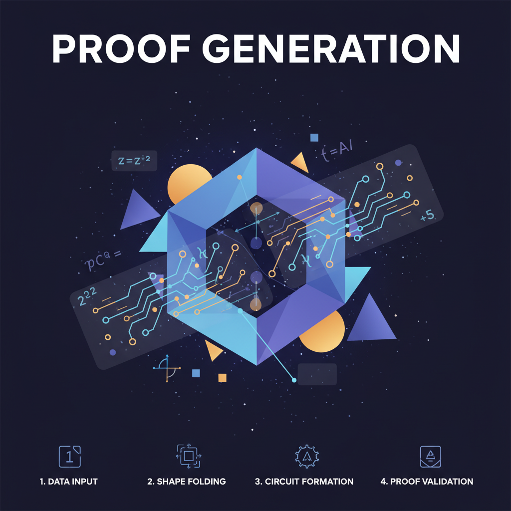 abstract zero-knowledge proof generation, geometric shapes folding into proof, glowing circuits, mathematical proofs visualized