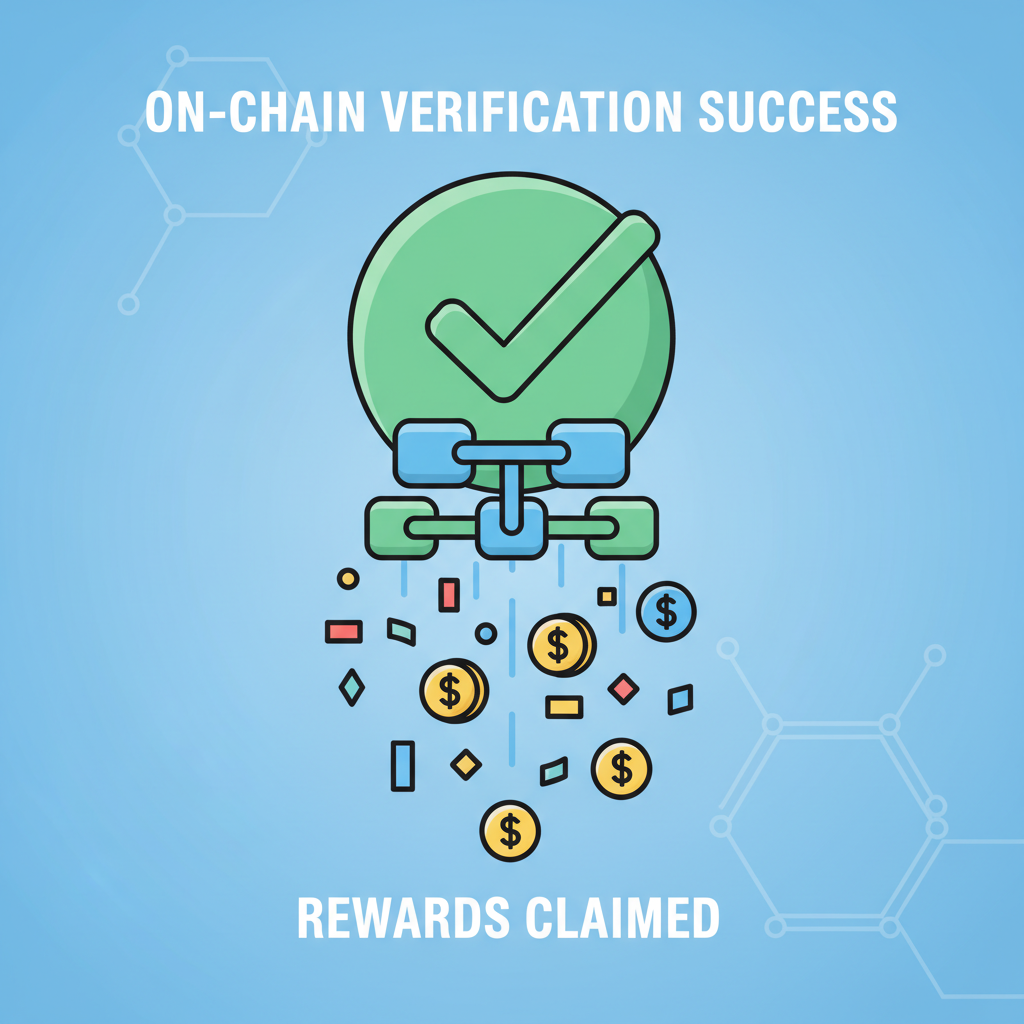 on-chain verification success, green checkmark on blockchain, rewards flowing as tokens, celebratory digital confetti