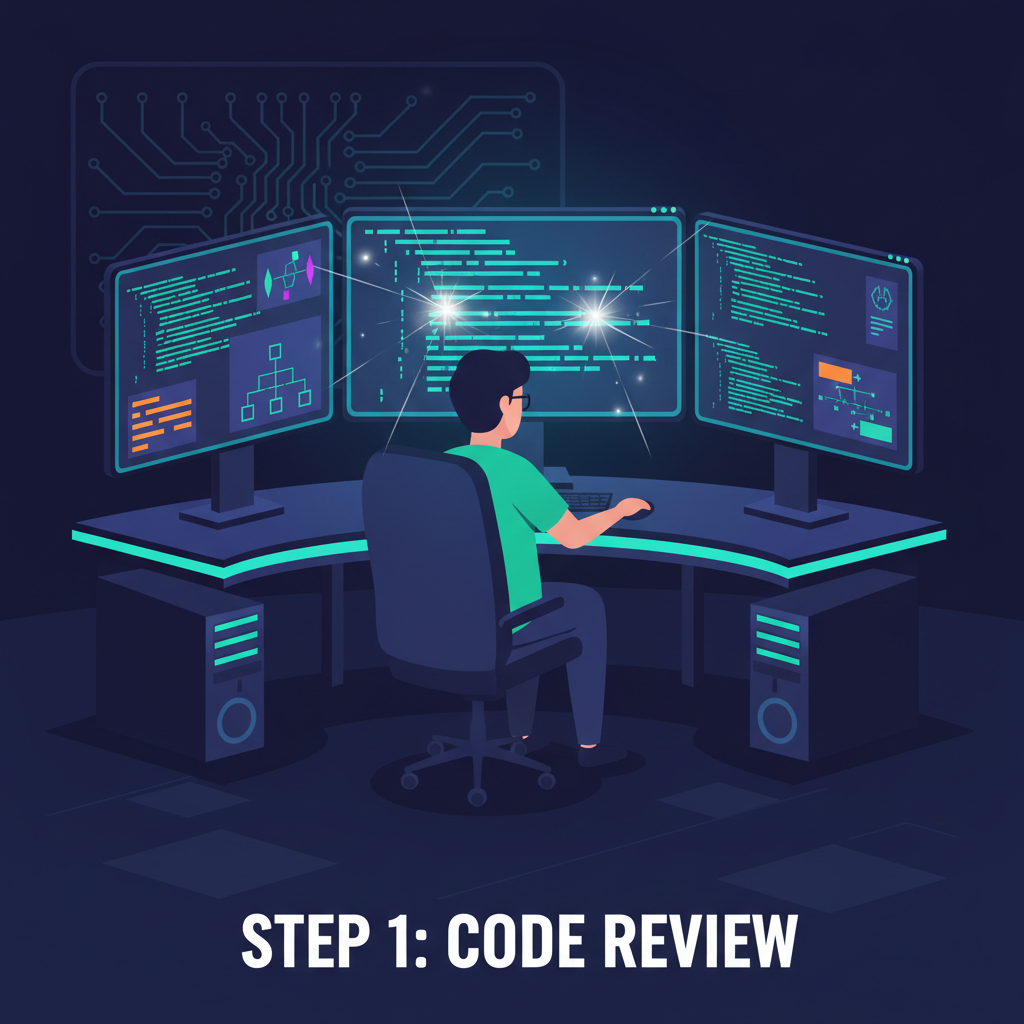 security researcher analyzing smart contract code on multiple screens, code snippets glowing, dark mode, high-tech lab