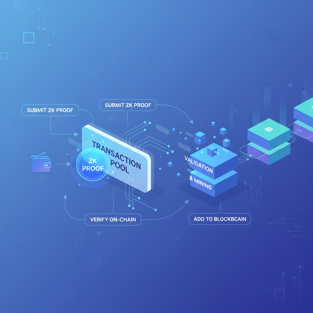 blockchain transaction submitting ZK proof, on-chain visualization with blocks connecting, ethereal digital flow