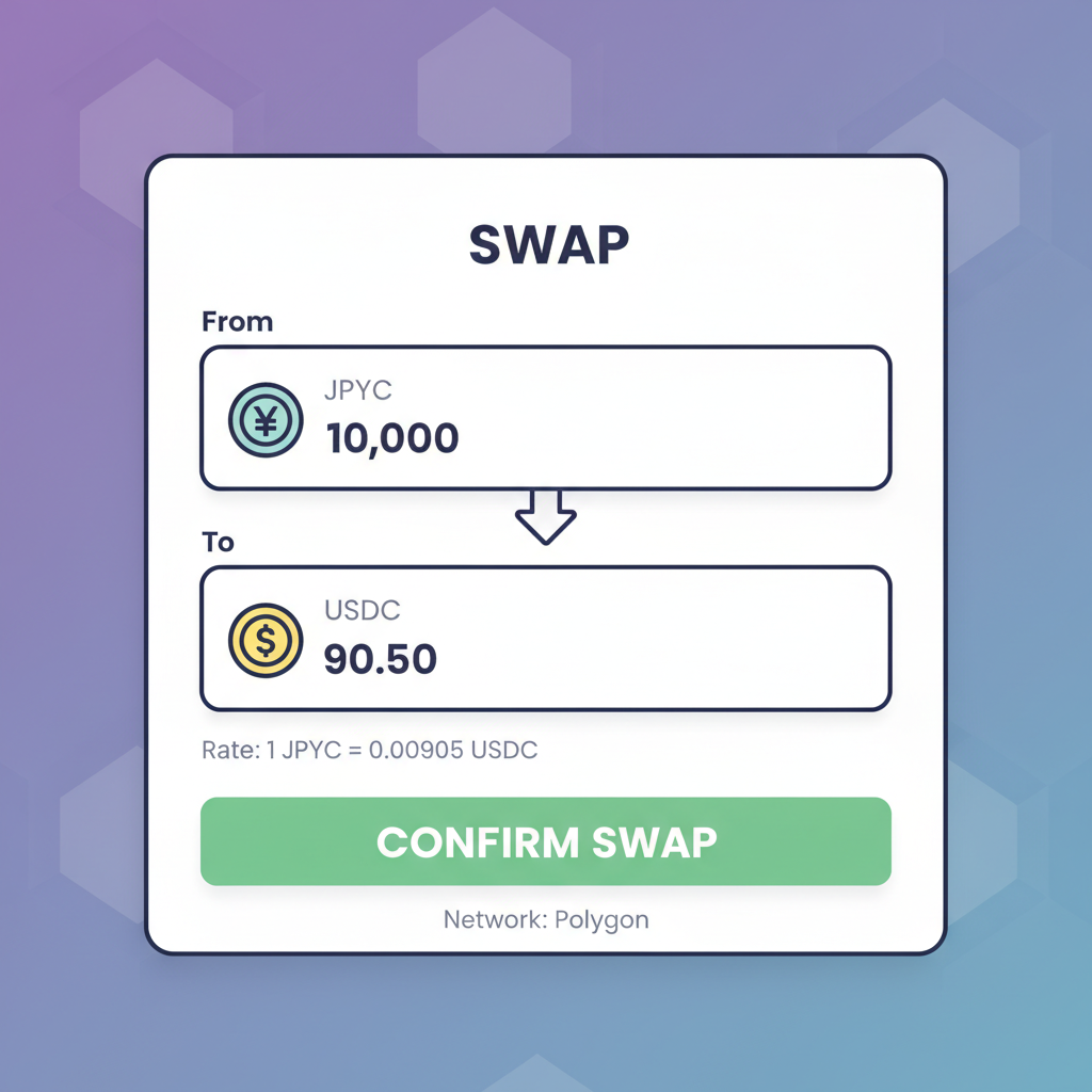 crypto swap interface showing JPYC and USDC on polygon DEX