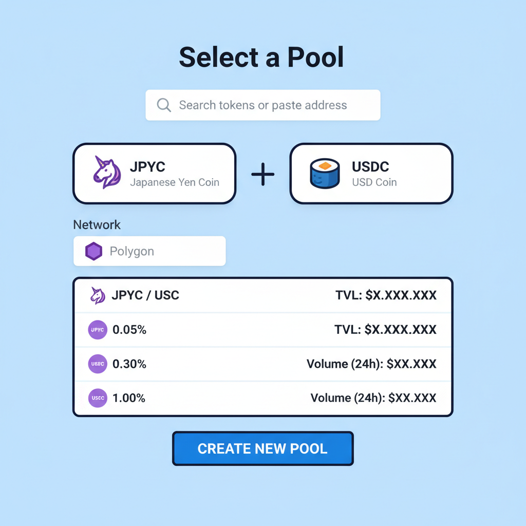 uniswap or sushiswap pool selection screen for JPYC-USDC on polygon
