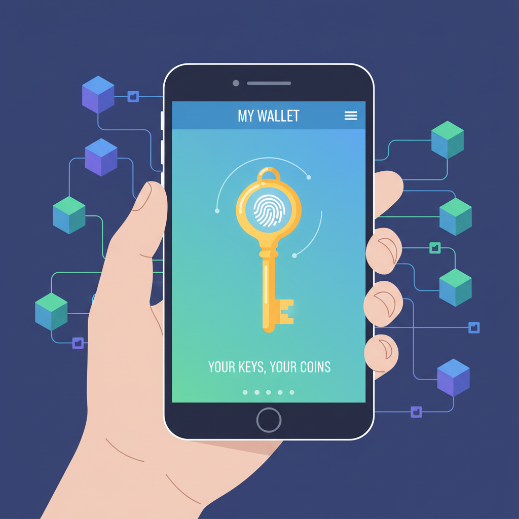 secure non-custodial crypto wallet on smartphone, user holding private key icon, blockchain network background, clean digital art