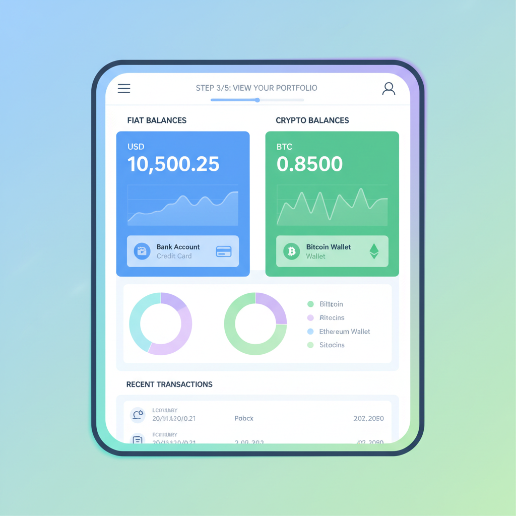 sleek mobile app dashboard showing fiat and crypto balances side-by-side, intuitive UI with charts, vibrant fintech design