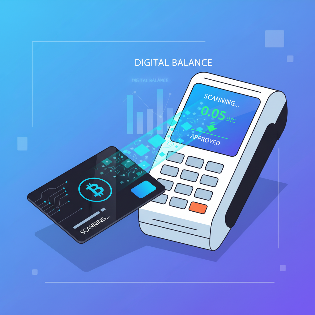 crypto debit card scanning at POS terminal, digital crypto balance flowing to payment, futuristic payment scene