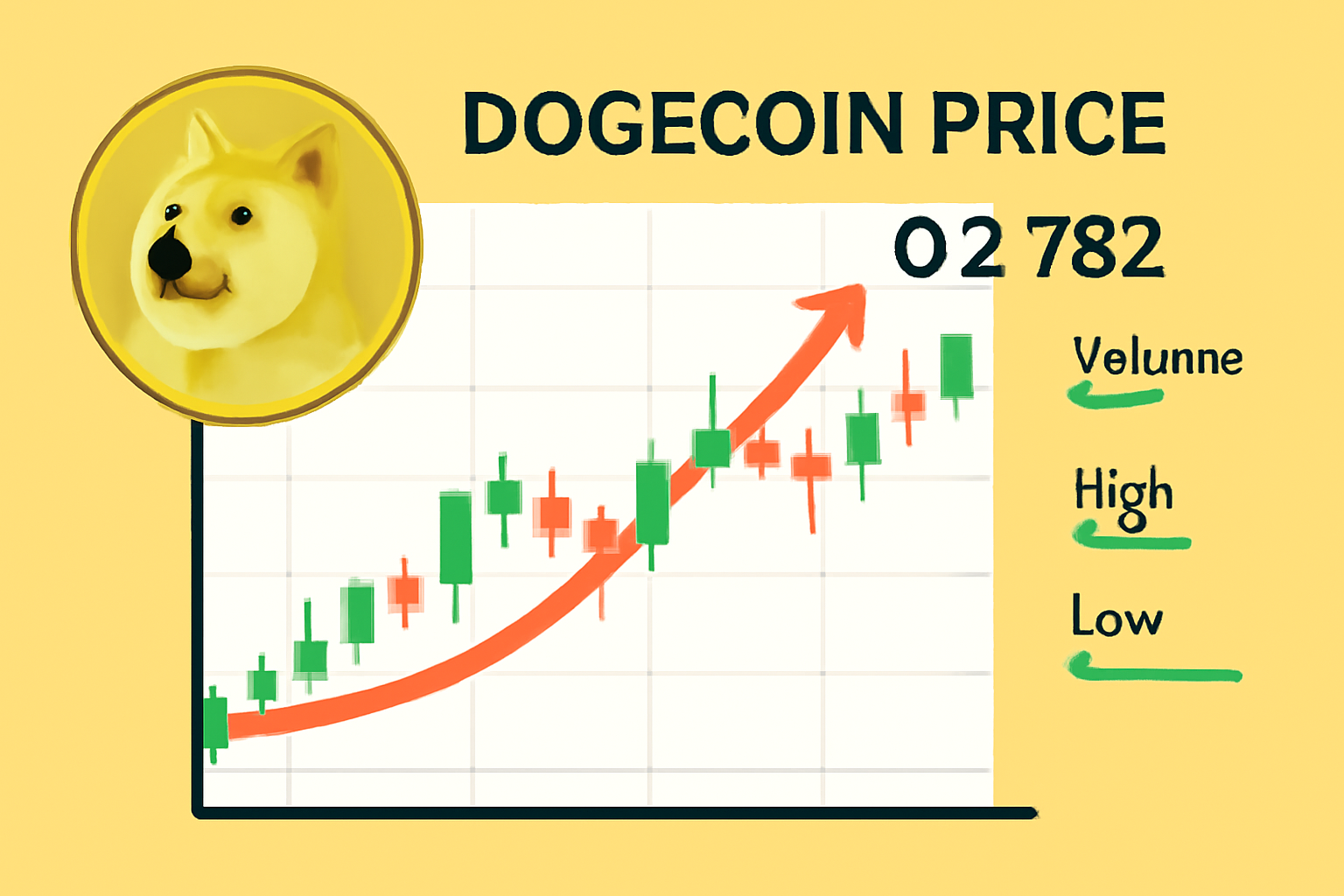 a candlestick chart showing Dogecoin price at $0.2782, with an upward trend and market data overlay