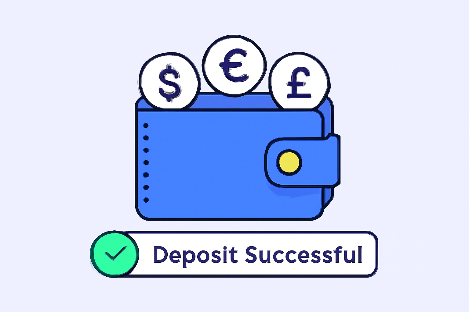 a digital wallet with fiat currency symbols (USD, EUR, GBP) and a progress bar indicating a successful deposit on a crypto exchange